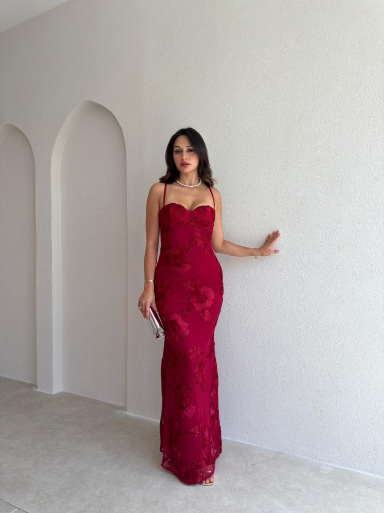 CHARM Maxi Elbise 3056 - Bordo - Mooi Butik