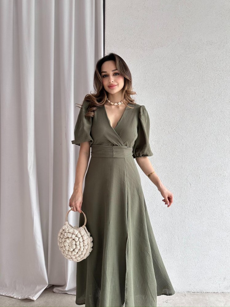 Müslin Kumaş CHESTER Midi Elbise 4558 - Haki - Mooi Butik