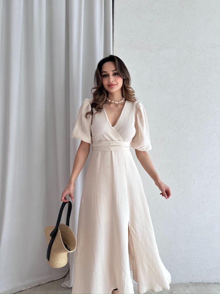 Müslin Kumaş CHESTER Midi Elbise 4558 - Krem - Mooi Butik