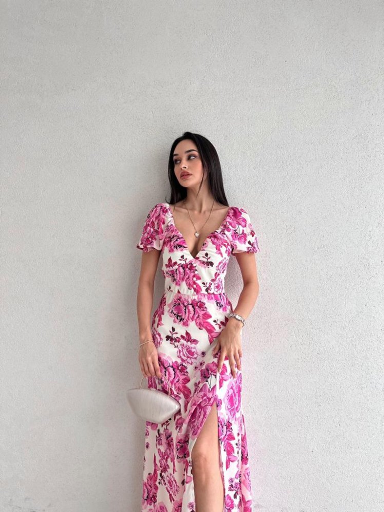 Çiçek Desenli Midi DAİSY Elbise 4200 - Fuşya - Mooi Butik