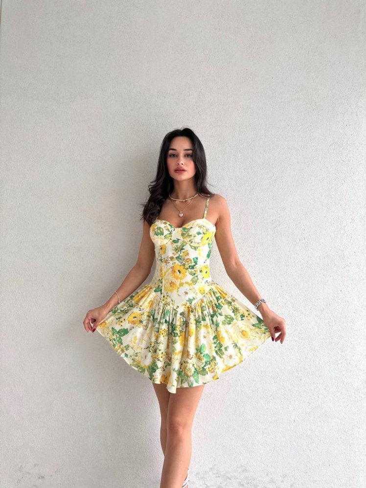 Çiçek Desenli Mini RANGER Elbise 6439 - Sarı - Mooi Butik