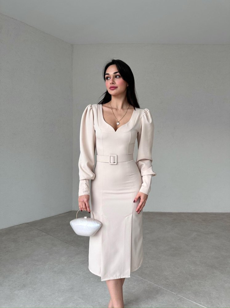 Çift Yırtmaçlı Midi OSWALD Elbise 2053 - Krem - Mooi Butik