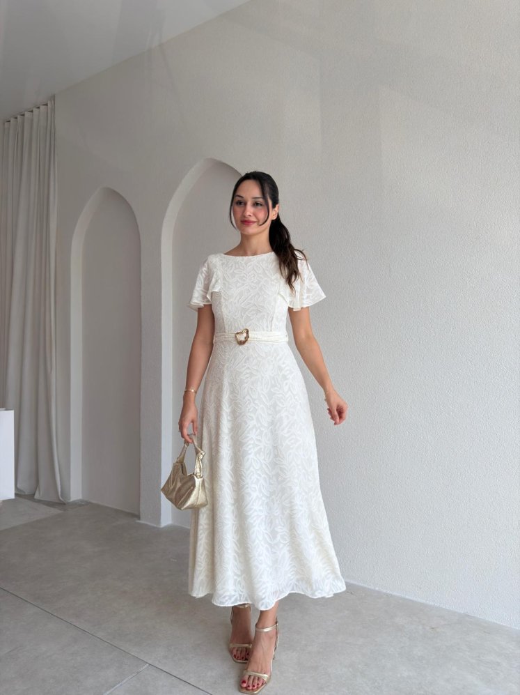 CLARİA Midi Elbise 3625 - Krem Rengi - Mooi Butik