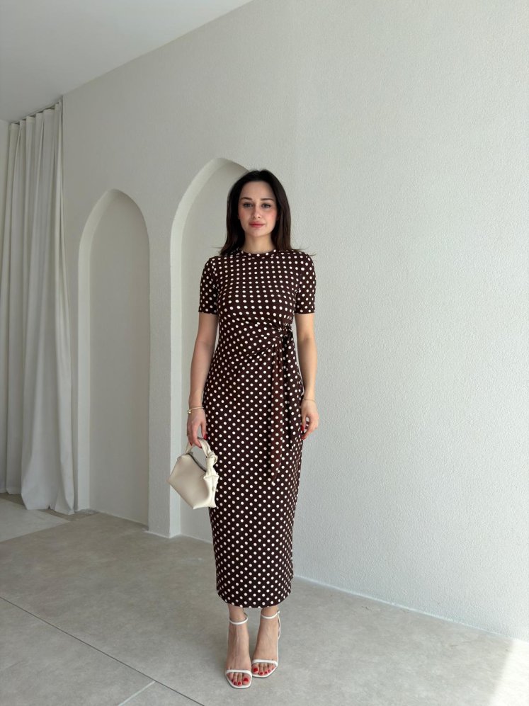 COMİS Puantiyeli Midi Elbise 6467 - Acı Kahve - Mooi Butik