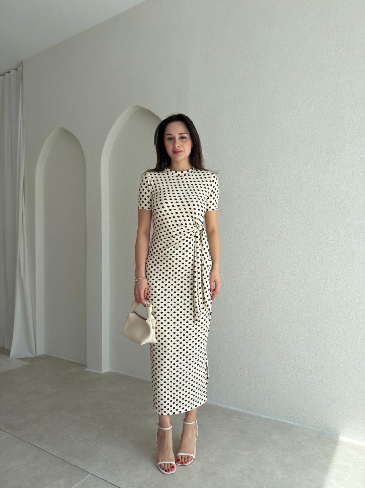 COMİS Puantiyeli Midi Elbise 6467 - Krem Rengi - Mooi Butik