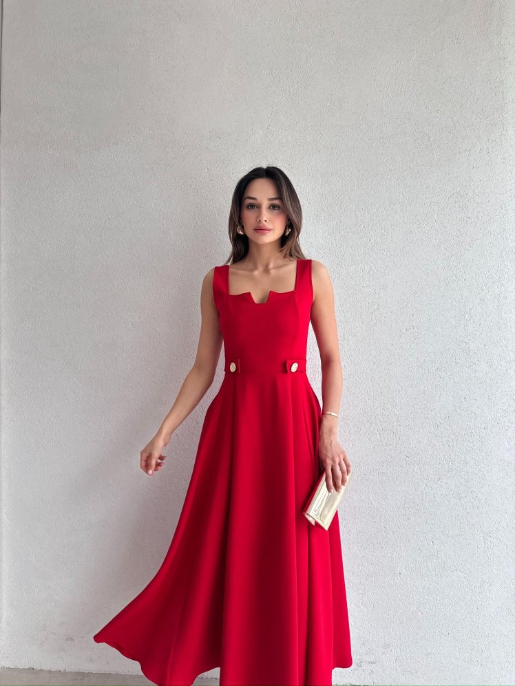 CREW Midi Elbise 3494 - Kırmızı - Mooi Butik
