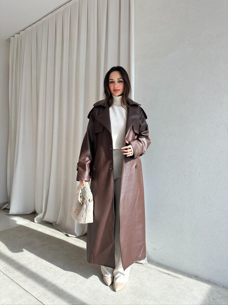 CROCODİLE Desen Deri Trençkot 8346 - Acı Kahve - Mooi Butik