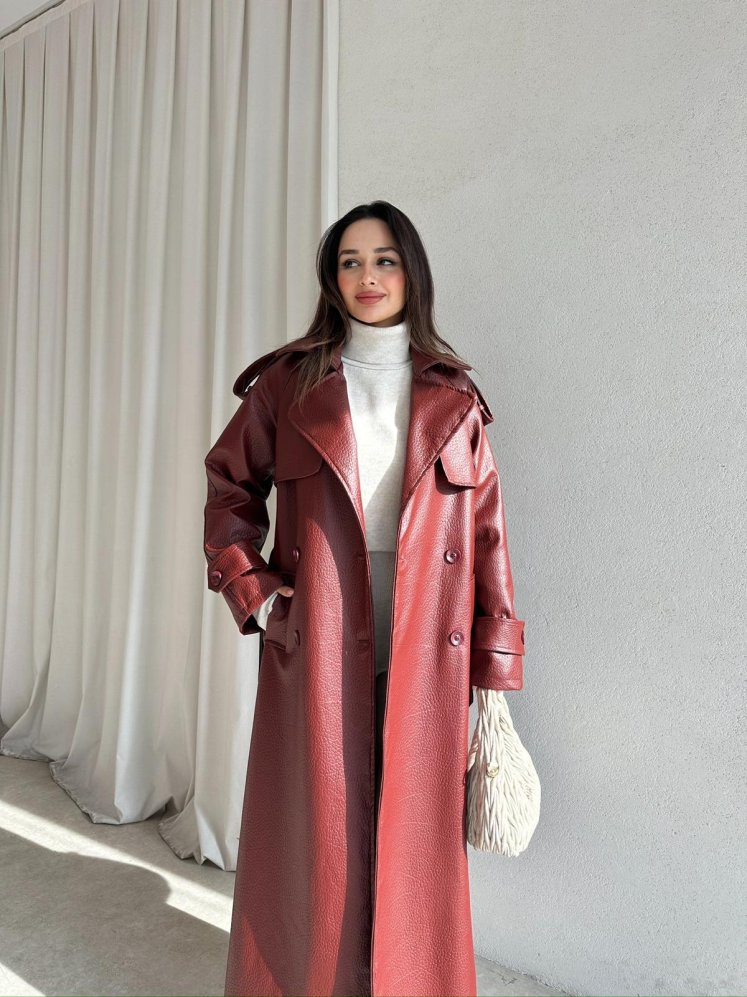 CROCODİLE Desen Deri Trençkot 8346 - Bordo - Mooi Butik