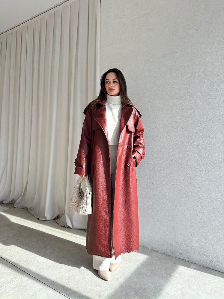 CROCODİLE Desen Deri Trençkot 8346 - Bordo - Mooi Butik