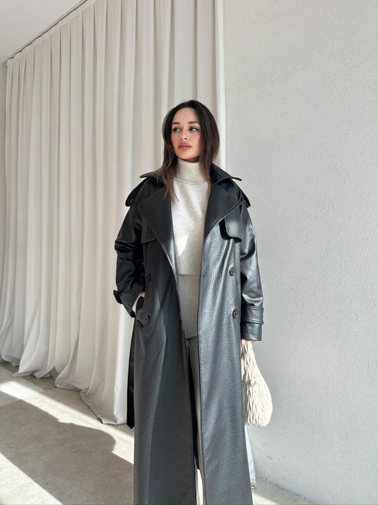 CROCODİLE Desen Deri Trençkot 8346 - Siyah - Mooi Butik