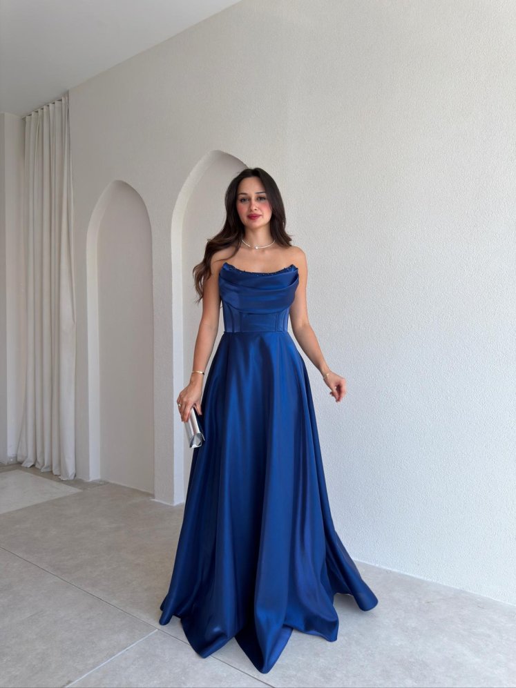 DANİEL Yaka Detaylı Maxi Elbise 3763 - Lacivert - Mooi Butik