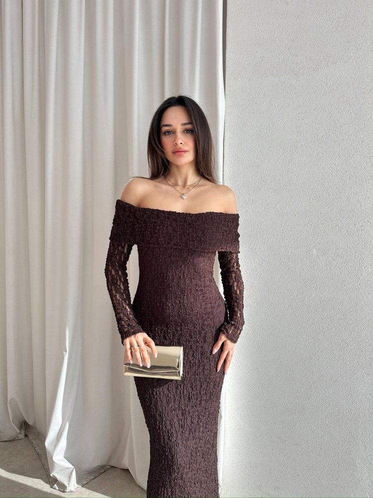 DAPHNE Dantelli Midi Elbise 8713 - Acı Kahve - Mooi Butik