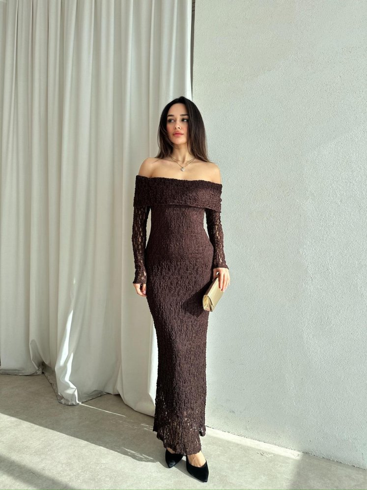 DAPHNE Dantelli Midi Elbise 8713 - Acı Kahve - Mooi Butik