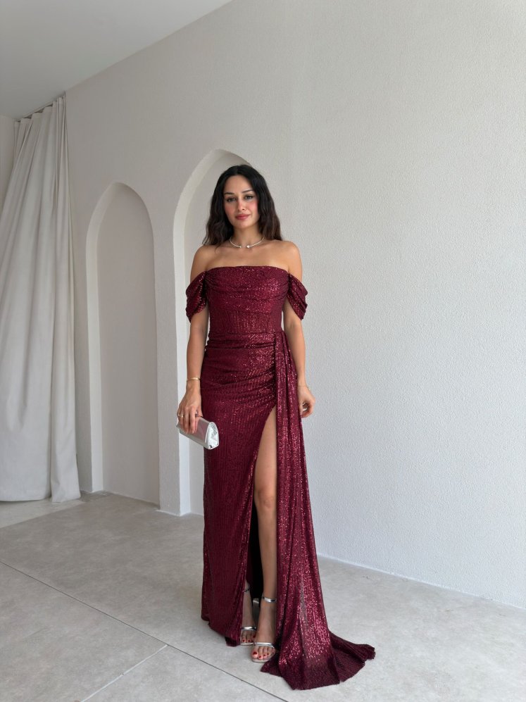 DARCY Payetli Maxi Elbise 6533 - Bordo - Mooi Butik