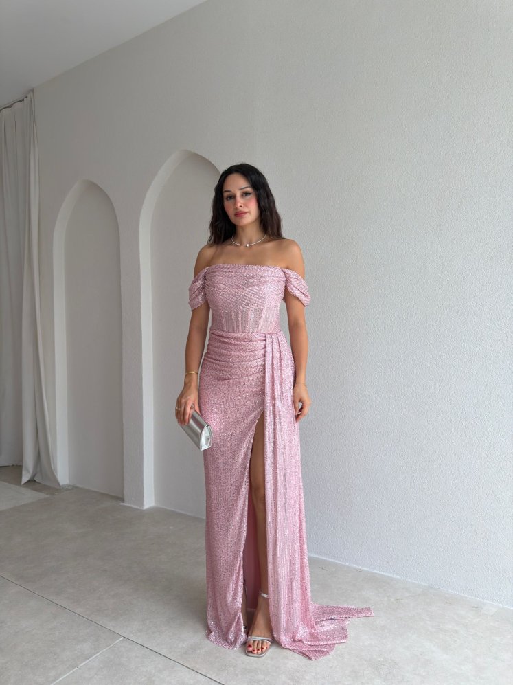 DARCY Payetli Maxi Elbise 6533 - Pudra - Mooi Butik