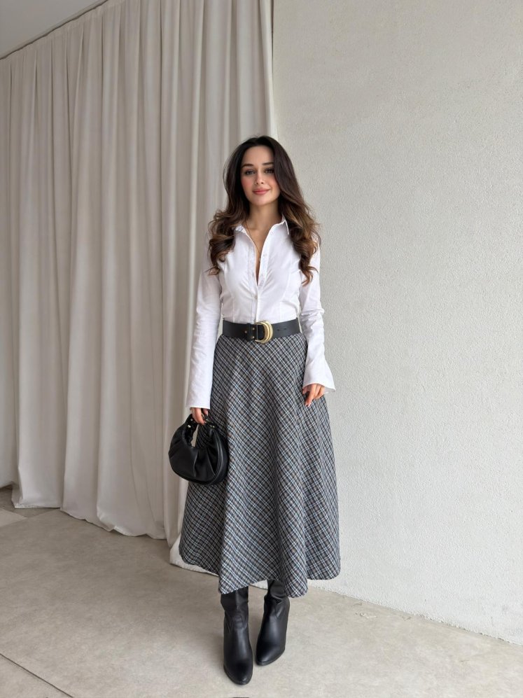 DARLİN Ekose Etek 8858 - Acı Kahve - Mooi Butik