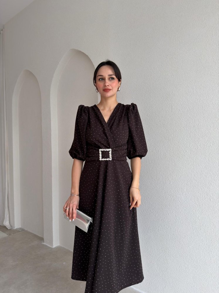 DAVE Taşlı Elbise 3444 - Acı Kahve - Mooi Butik
