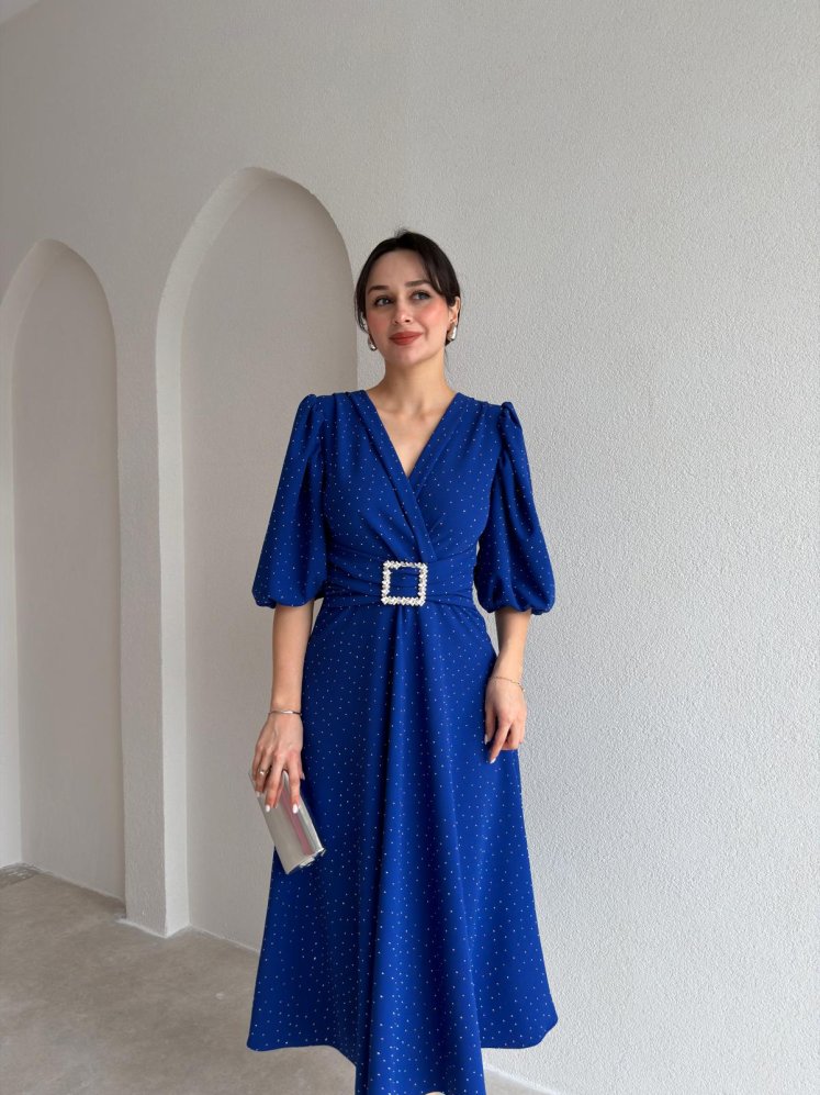 DAVE Taşlı Elbise 3444 - Saks Mavisi - Mooi Butik