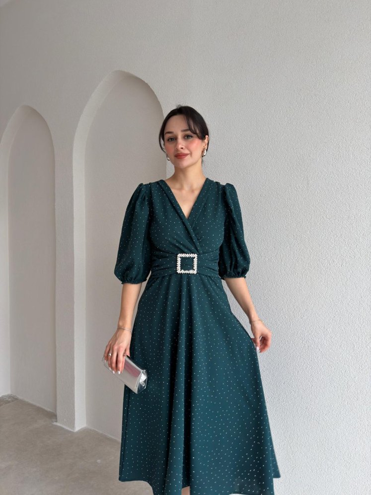 DAVE Taşlı Elbise 3444 - Zümrüt Yeşili - Mooi Butik