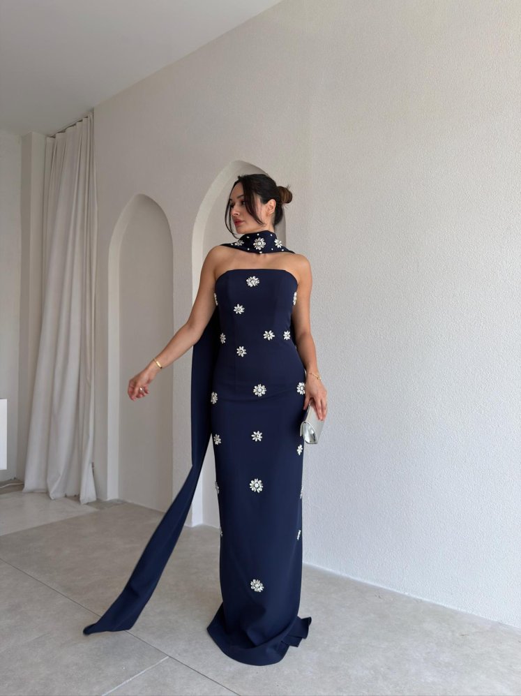 DAVİNA Şal ve Taş Detaylı Maxi Elbise 4034 - Lacivert - Mooi Butik
