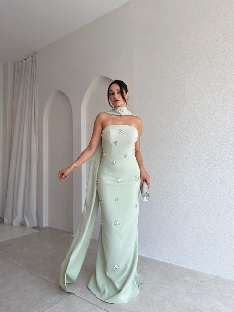 DAVİNA Şal ve Taş Detaylı Maxi Elbise 4034 - Mint - Mooi Butik
