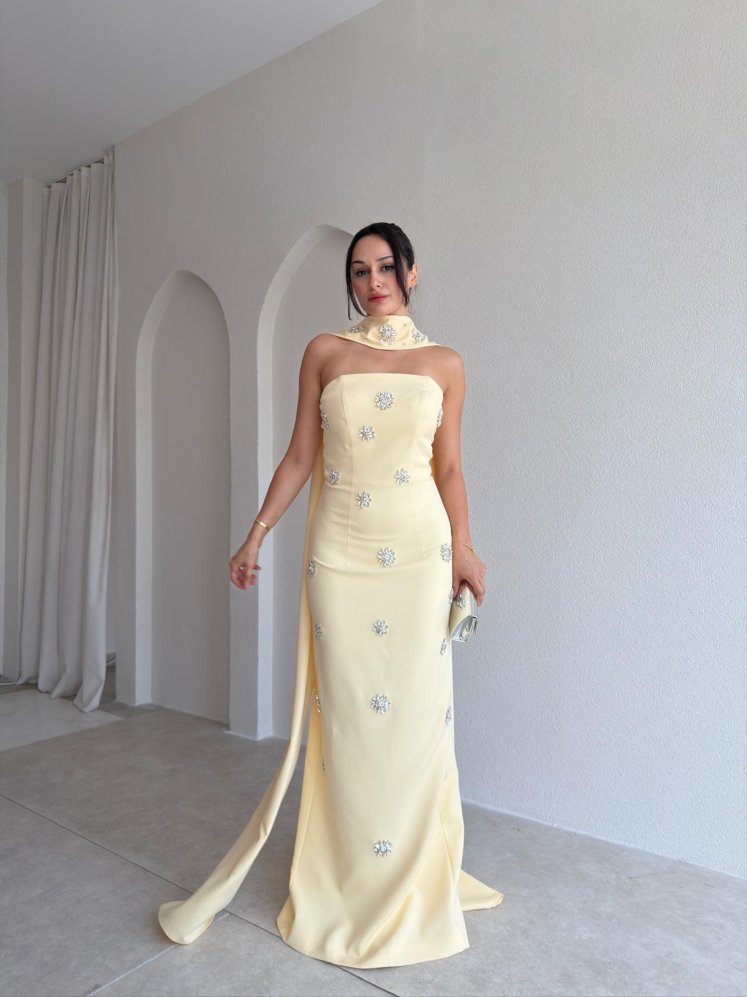 DAVİNA Şal ve Taş Detaylı Maxi Elbise 4034 - Sarı - Mooi Butik