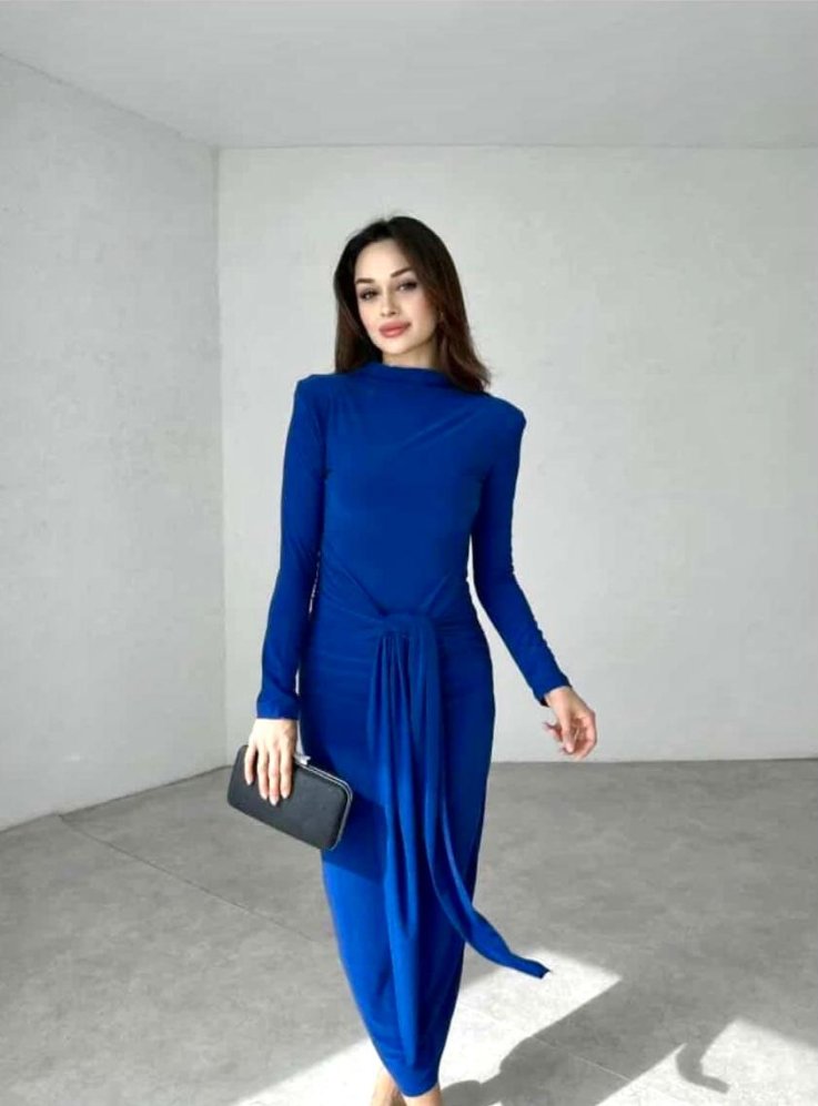 DELFİNA Midi Bağlama Detaylı Elbise 8024 - Saks Mavi - Mooi Butik