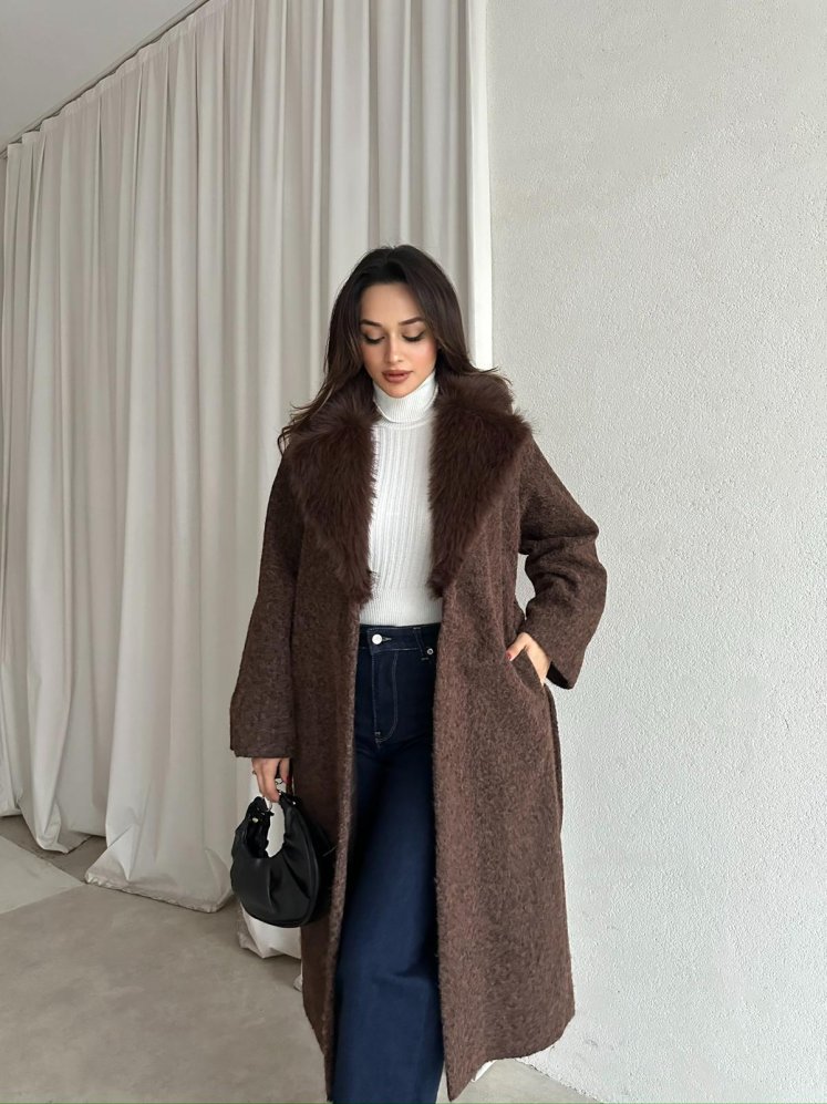 DESMOND Kürk Yaka Kaban 8573 - Acı Kahve - Mooi Butik