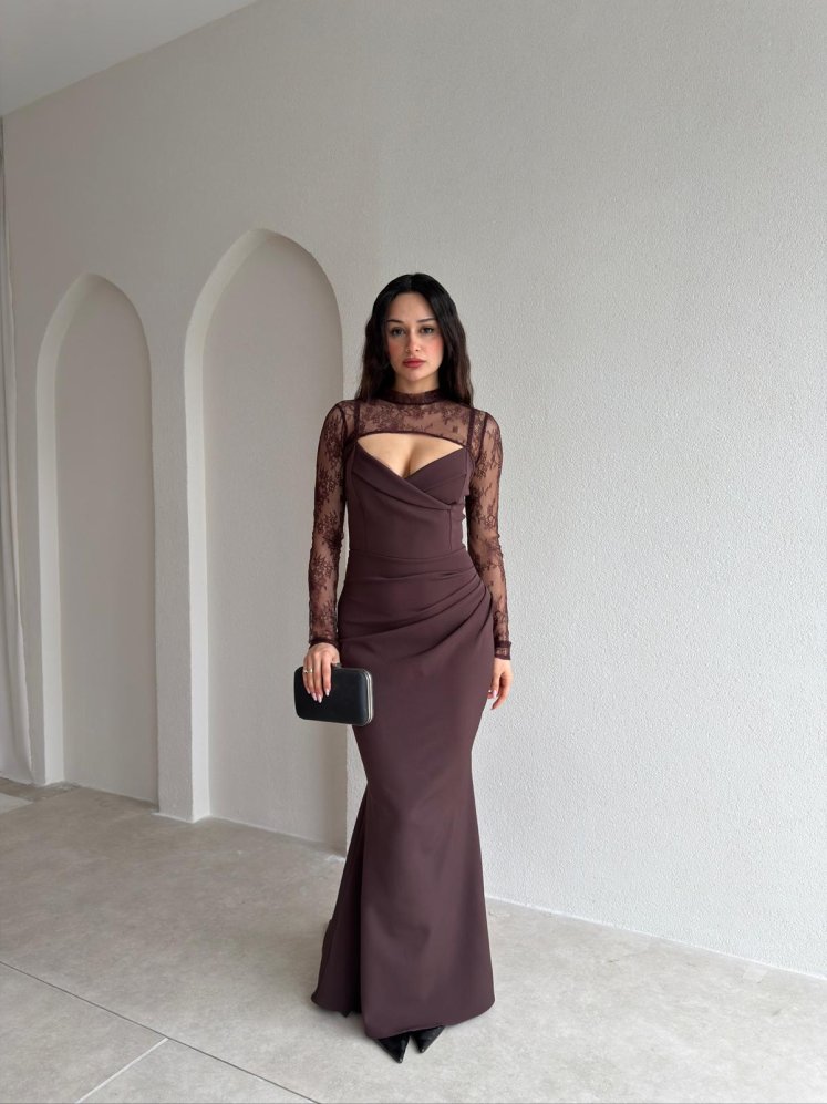 DESTİNA Dantel Parçalı Maxi Elbise 7532 - Acı Kahve - Mooi Butik