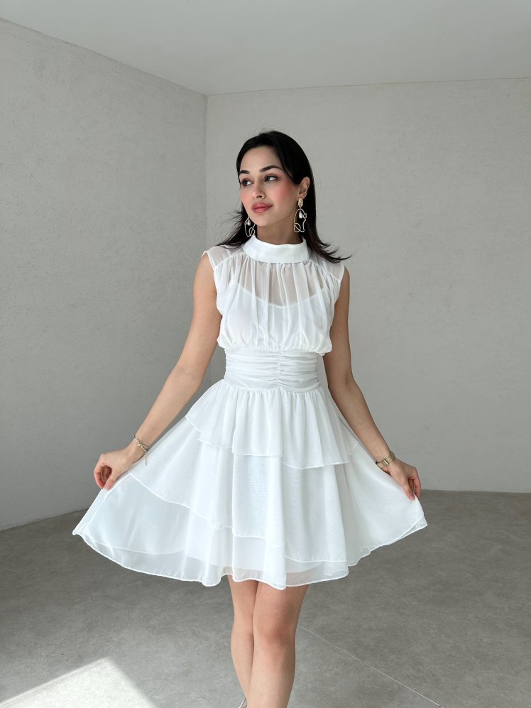 Dik Yaka Sıfır Kol Messina Elbise 2292 - Beyaz - Mooi