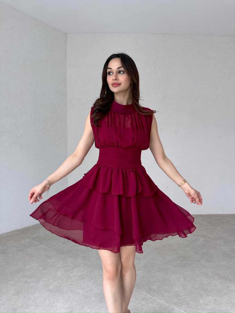Dik Yaka Sıfır Kol Messina Elbise 2292 - Bordo - Mooi