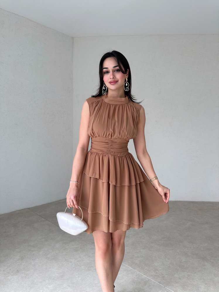 Dik Yaka Sıfır Kol Messina Elbise 2292 - Vizon - Mooi