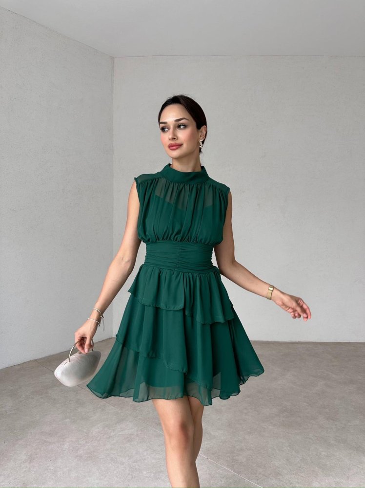 Dik Yaka Sıfır Kol Messina Elbise 2292 - Yeşil - Mooi