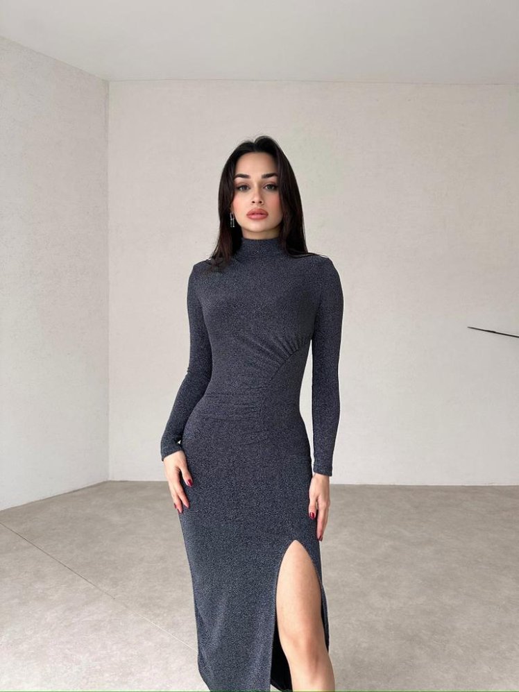 Dik Yakalı Midi DOMENİCO Elbise 3783 - Antrasit - Mooi Butik