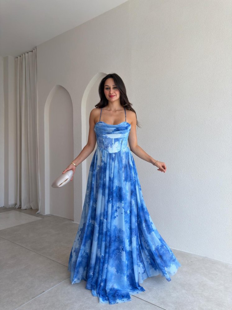 DİNAH Korse Detaylı Maxi Elbise 3752 - Mavi - Mooi Butik