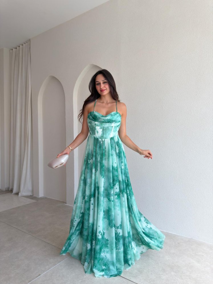 DİNAH Korse Detaylı Maxi Elbise 3752 - Yeşil - Mooi Butik
