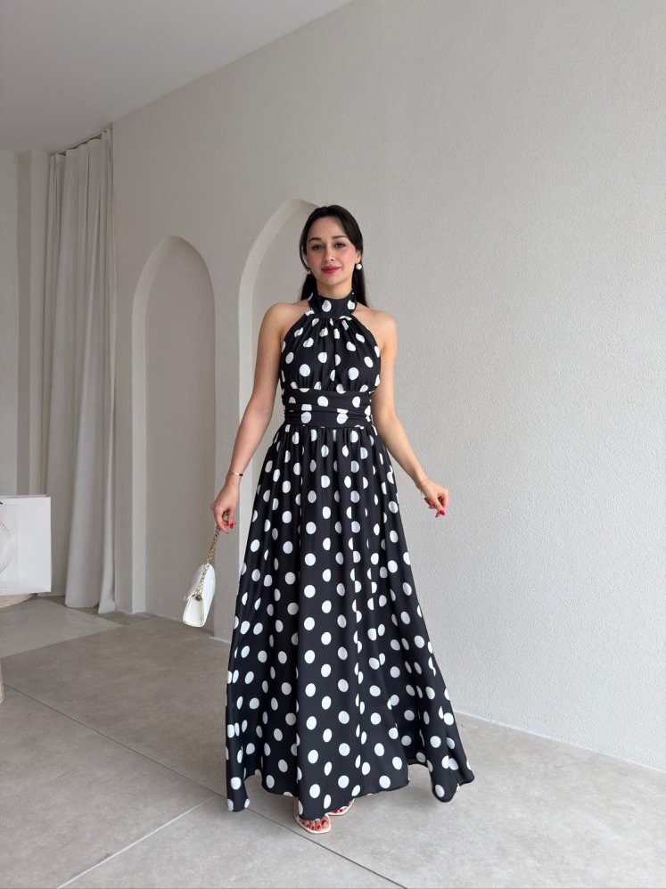 DİSNEY Puantiyeli Maxi Elbise 1569 - Siyah - Mooi Butik