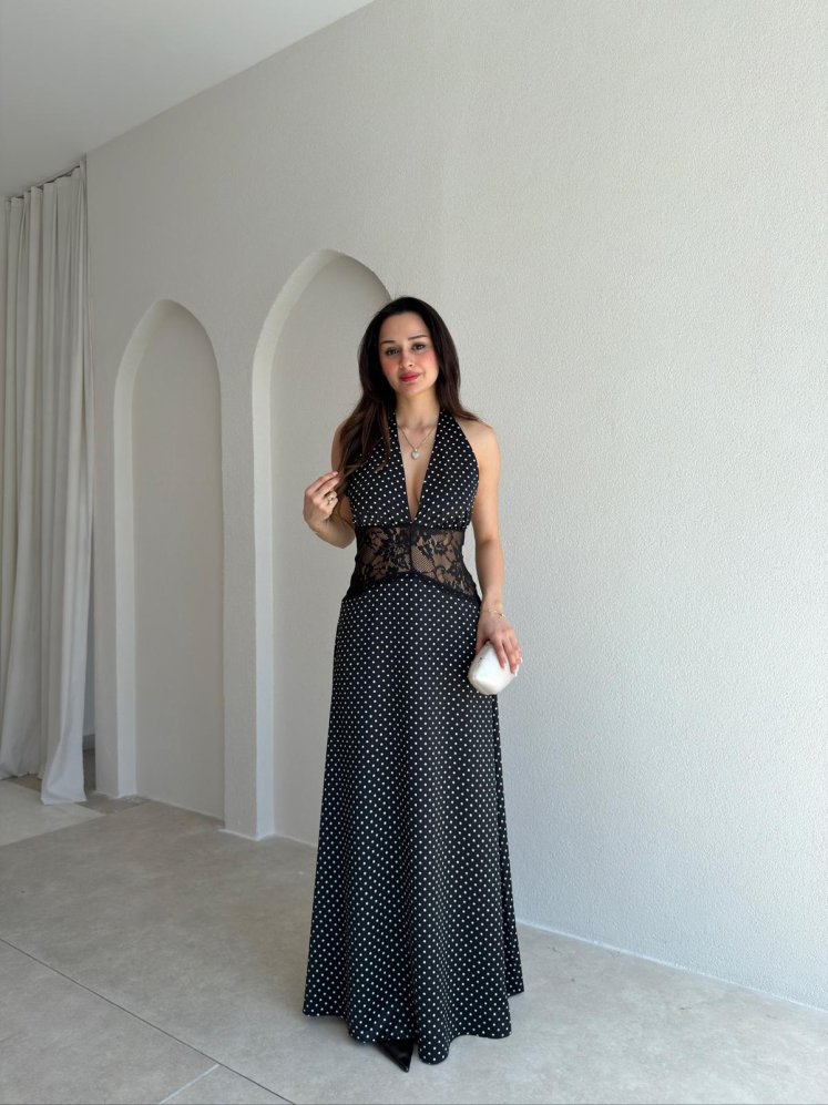 DİVAS Dantel Detaylı Puantiyeli Elbise 5498 - Siyah - Mooi Butik