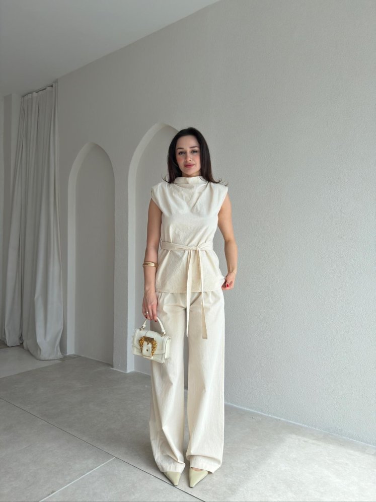  DİVİNE Keten Takım 9037 - Krem Rengi - Mooi Butik