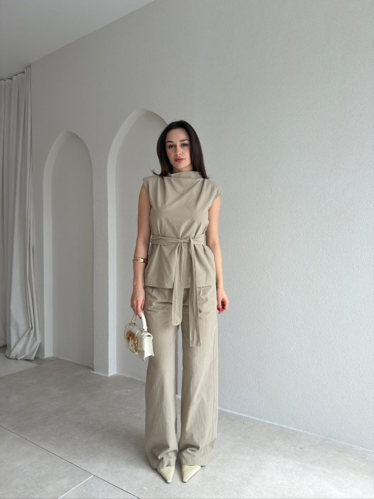 DİVİNE Keten Takım 9037 - Vizon - Mooi Butik