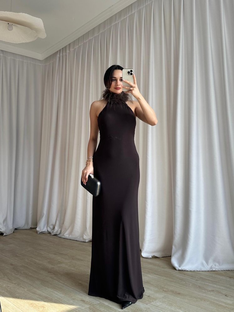  DOJA Otriş Yaka Maxi Elbise 8783 - Acı Kahve - Mooi Butik