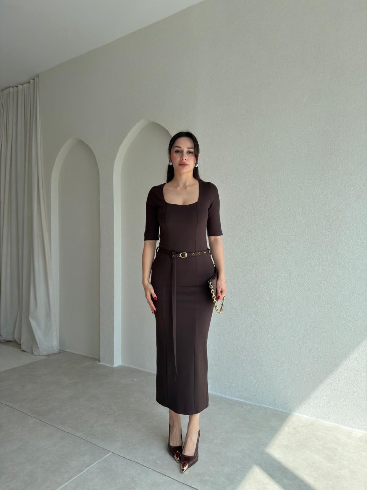 DORİKA Kemerli Midi Elbise 8905 - Acı Kahve - Mooi Butik