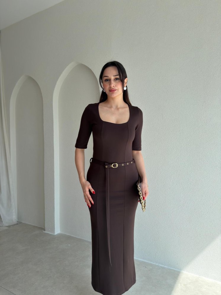 DORİKA Kemerli Midi Elbise 8905 - Acı Kahve - Mooi Butik