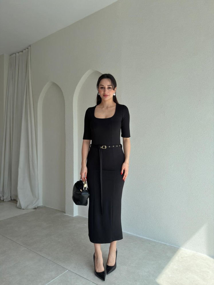 DORİKA Kemerli Midi Elbise 8905 - Siyah - Mooi Butik