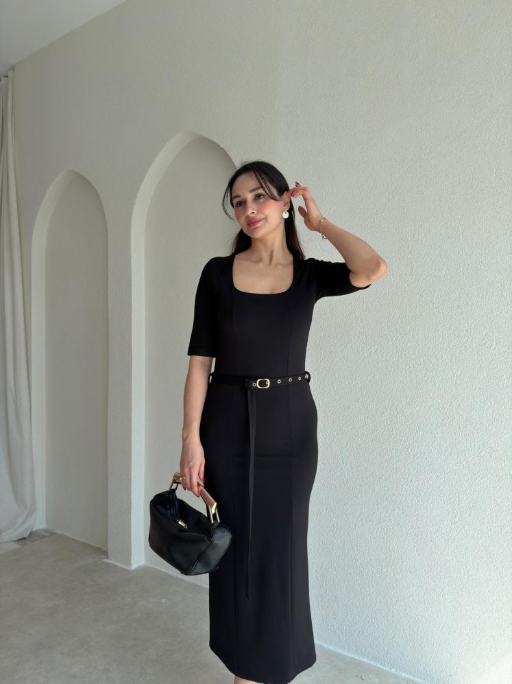 DORİKA Kemerli Midi Elbise 8905 - Siyah - Mooi Butik