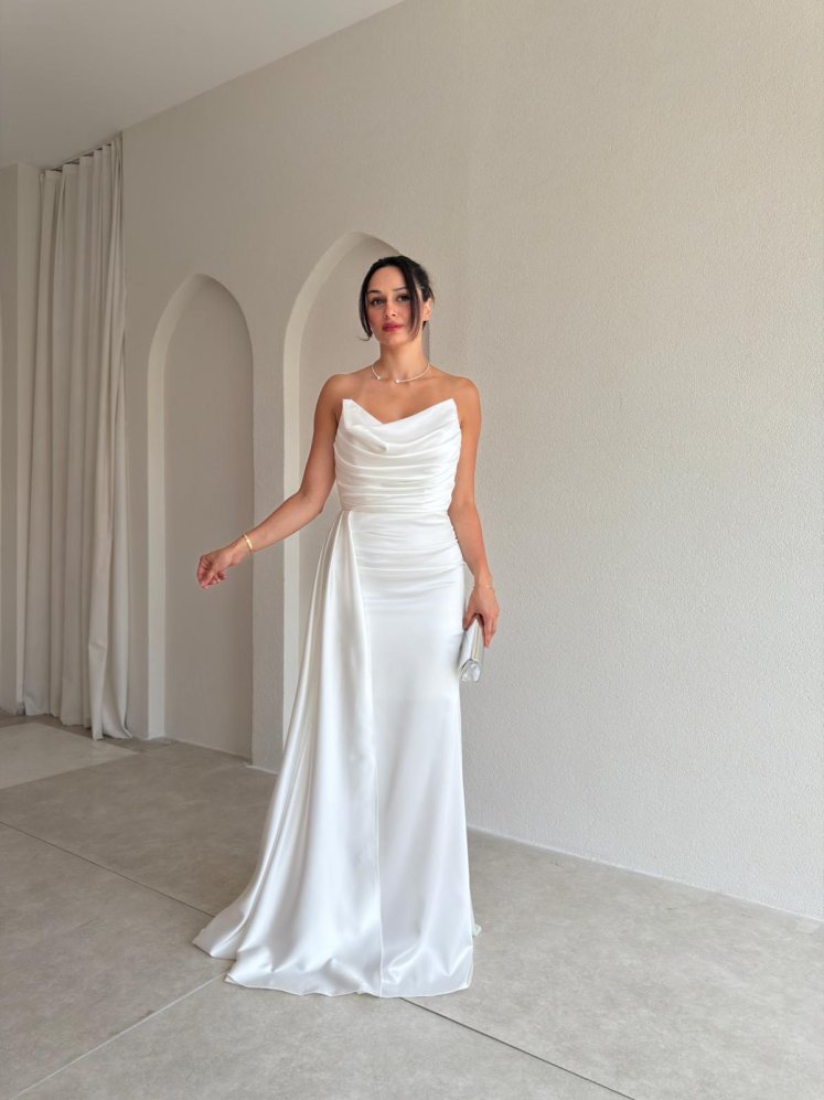 DRAGON Saten Maxi Elbise 4212 - Beyaz - Mooi Butik