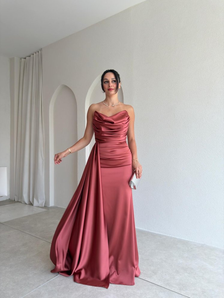 DRAGON Saten Maxi Elbise 4212 - Gül Kurusu - Mooi Butik
