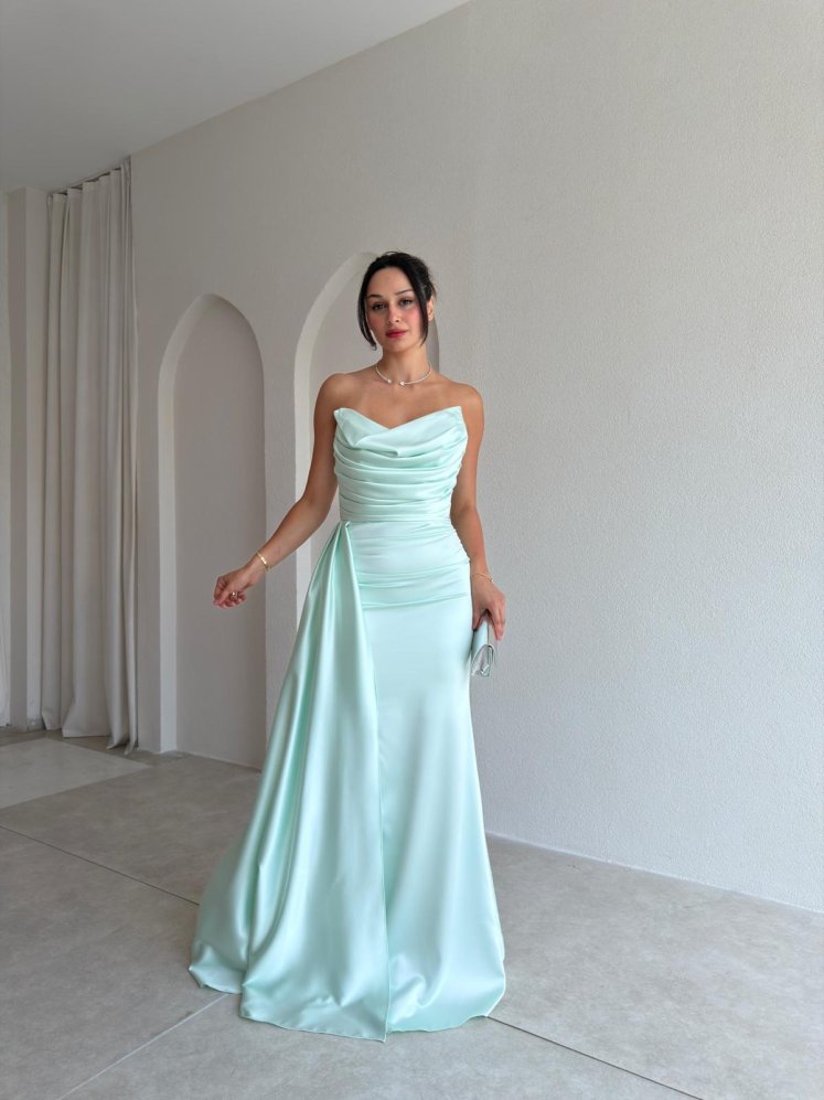 DRAGON Saten Maxi Elbise 4212 - Su Yeşili - Mooi Butik