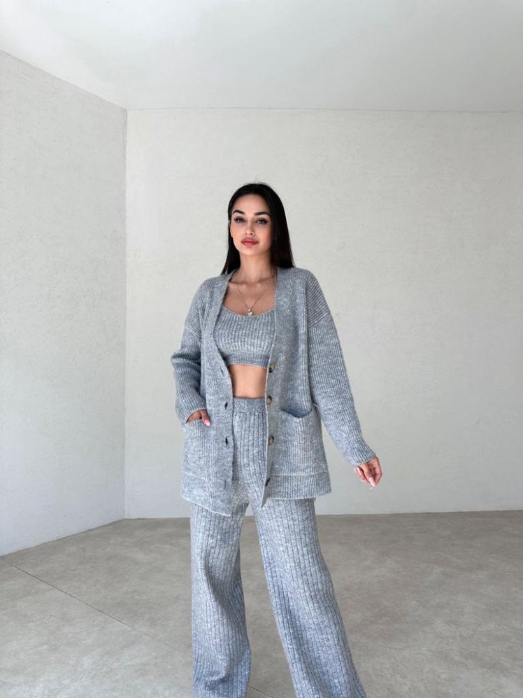 Düğmeli Triko LİOR 3'lü Takım 3662 - Gri - Mooi Butik