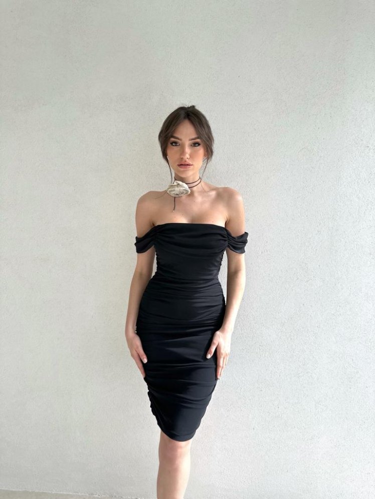 Düşük Omuz Adella Elbise 2705 - Siyah - Mooi Butik